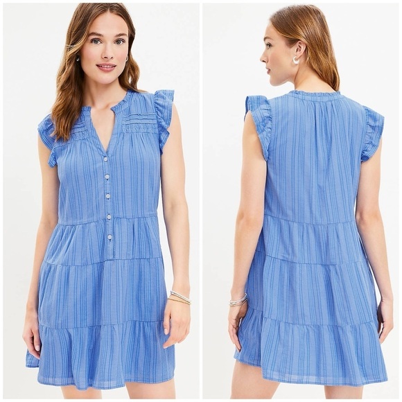 LOFT Striped Flutter Sleeve Button Down Tiered Swing Dress - Picture 1 of 6